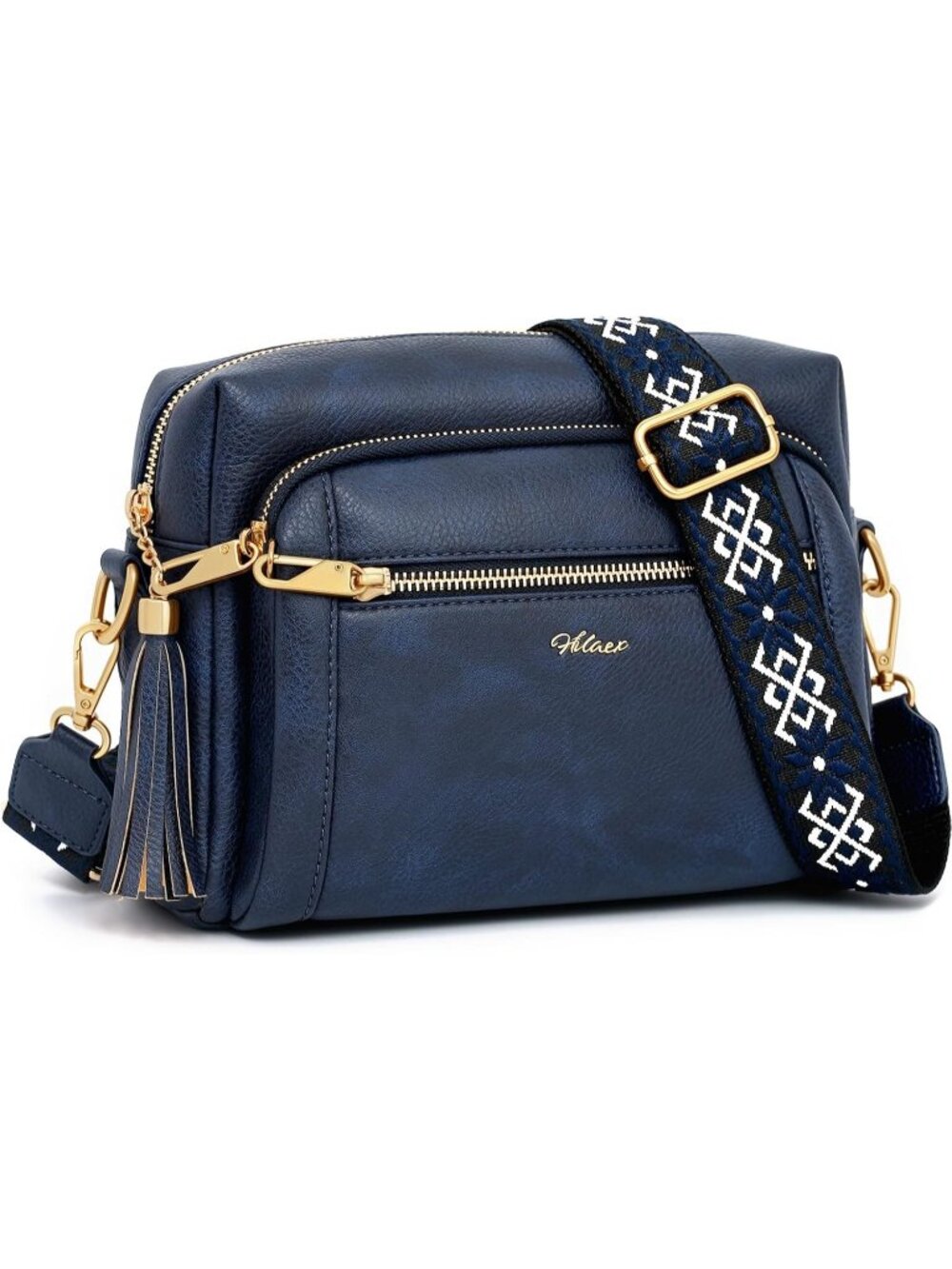 Women's Navy Blue Leather Crossbody Bag Anti-Theft Wide Strap Tassel Purse